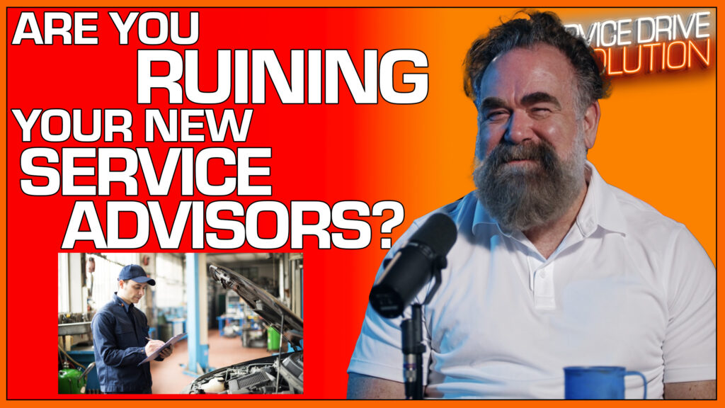 speaking into a mic with text “Are you ruining your new service advisors?” and a small image of a tech working on a car.
