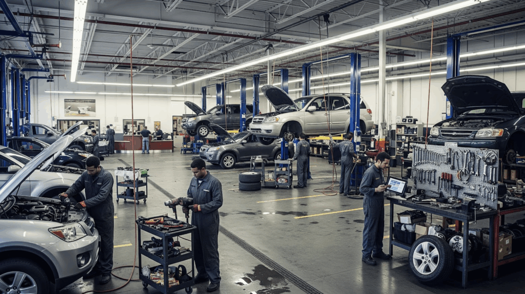 Automotive service shop with multiple technicians working on vehicles using lifts, tools, and diagnostic equipment.