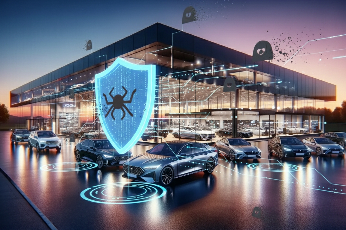 Car dealership at sunset with digital cybersecurity graphics and a shield icon protecting connected vehicles from cyber threats.