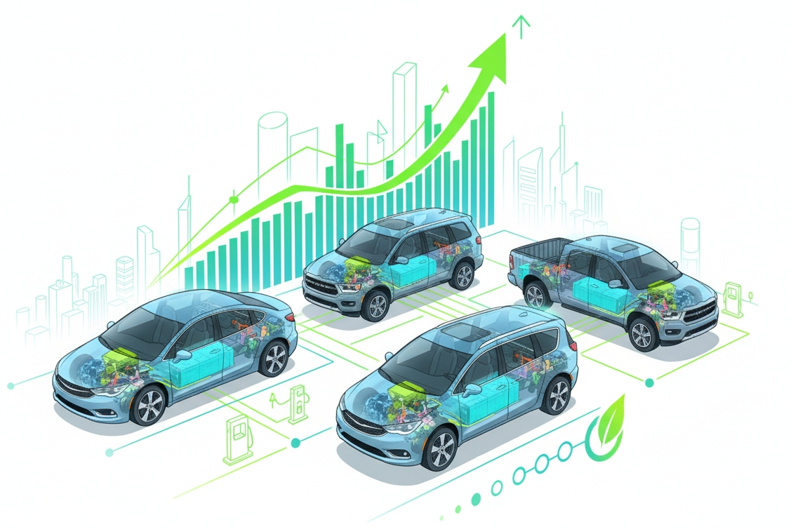 Electric vehicles with transparent component diagrams shown over a rising green growth chart representing EV technology and market expansion.
