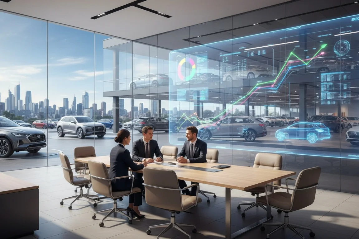Executives meeting in a dealership conference room with digital sales and performance analytics projected on the glass wall overlooking the car lot.