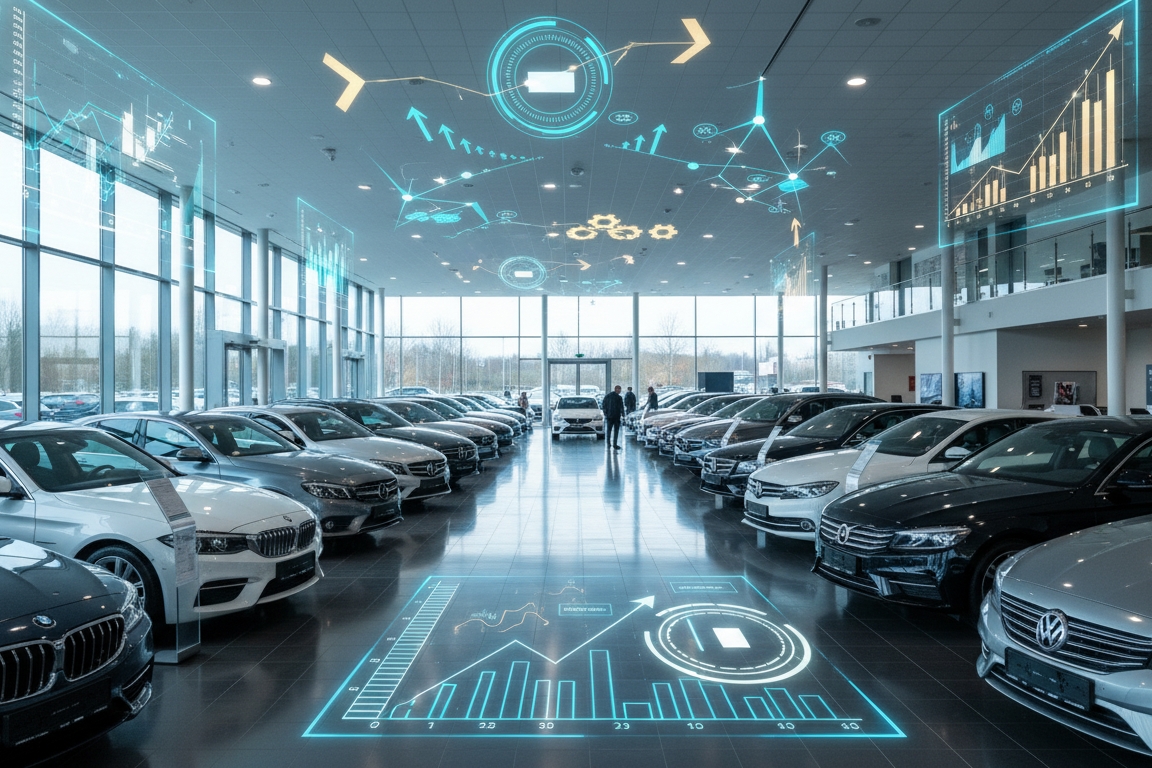 Car dealership showroom with rows of vehicles and digital data graphics representing sales and performance analytics.