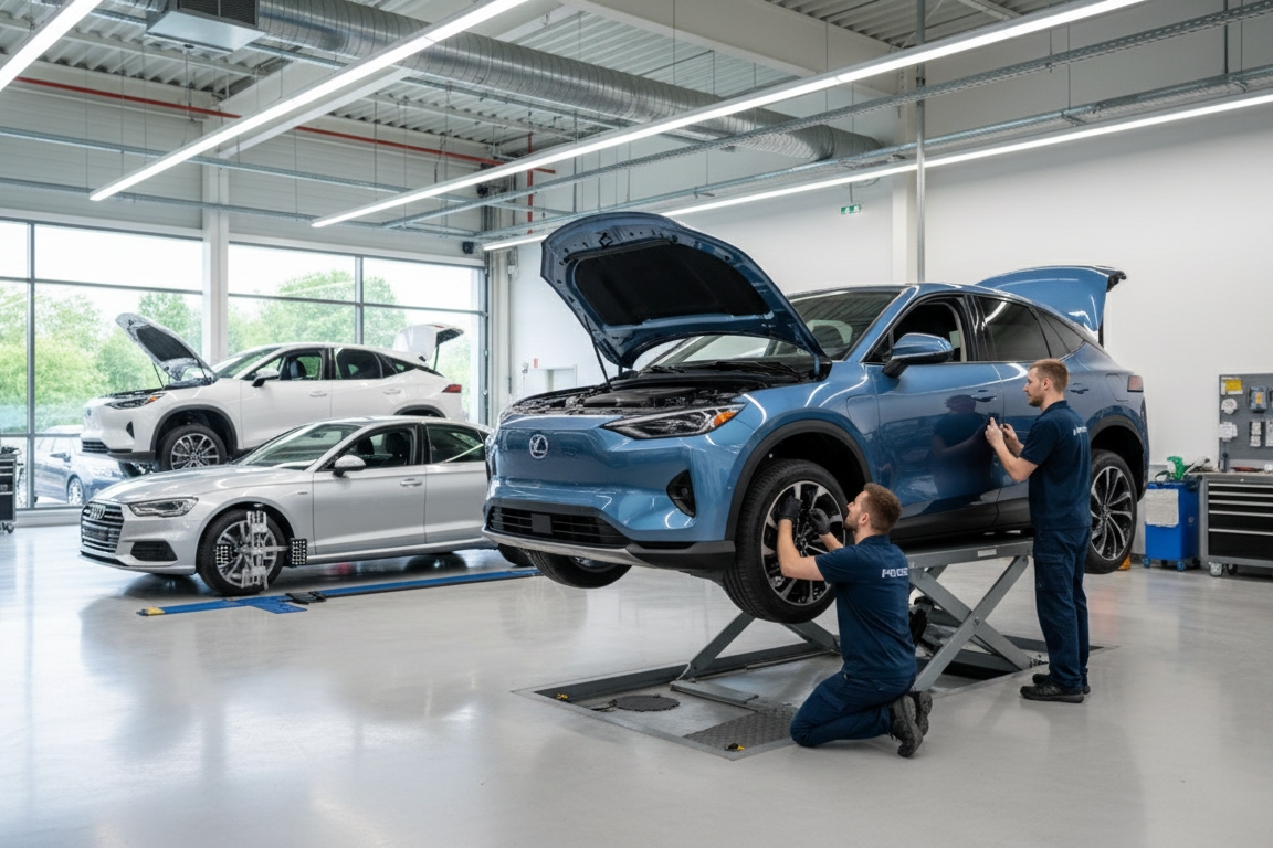 Technicians servicing a blue SUV on a hydraulic lift inside a modern dealership service bay.
