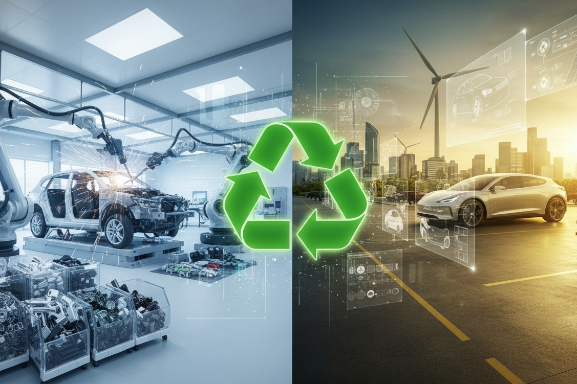 Automotive factory with robotic arms assembling a car beside a modern electric vehicle in a sustainable energy setting, featuring a green recycling symbol representing eco-friendly automotive production.
