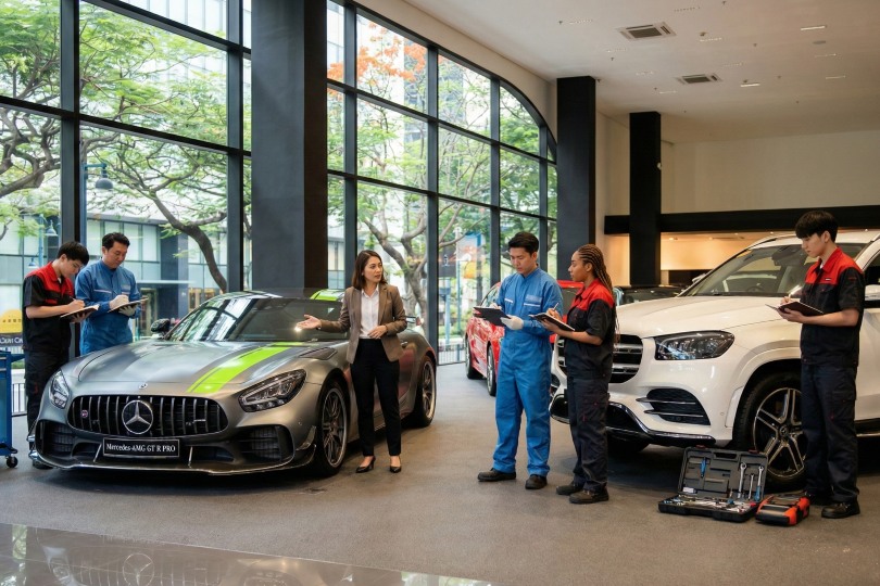 Automotive service team and manager discussing maintenance procedures beside luxury vehicles inside a car dealership.