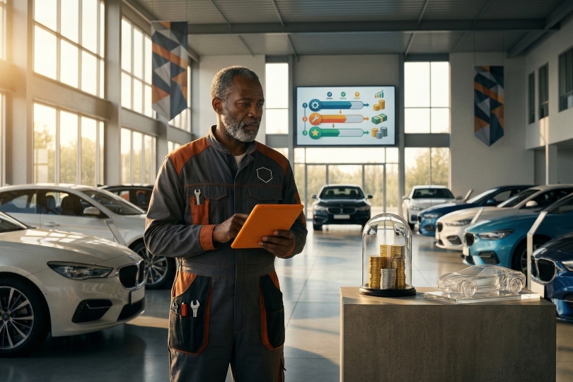 automotive repair shop discussing technician pay plans and compensation models