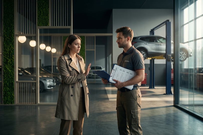 service advisor explaining declined dealership services to a customer