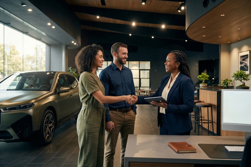 dealership customer service team assisting buyers in a modern showroom
