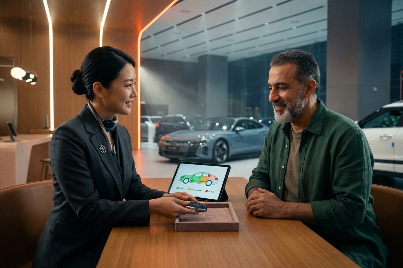 dealership service advisor performing vehicle walk-around with customer for transparency