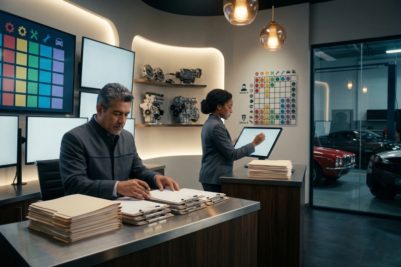 service advisor managing ideal repair orders per advisor daily on dealership drive