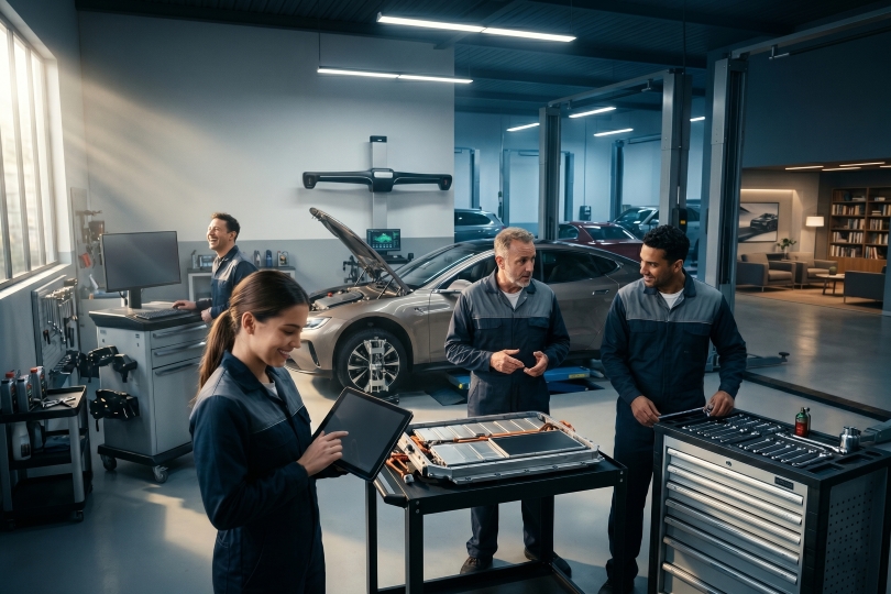 service manager engaging with automotive technician team on dealership shop floor