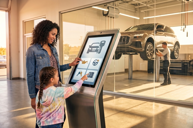 digital service check-in kiosk streamlining dealership morning rush and vehicle intake process