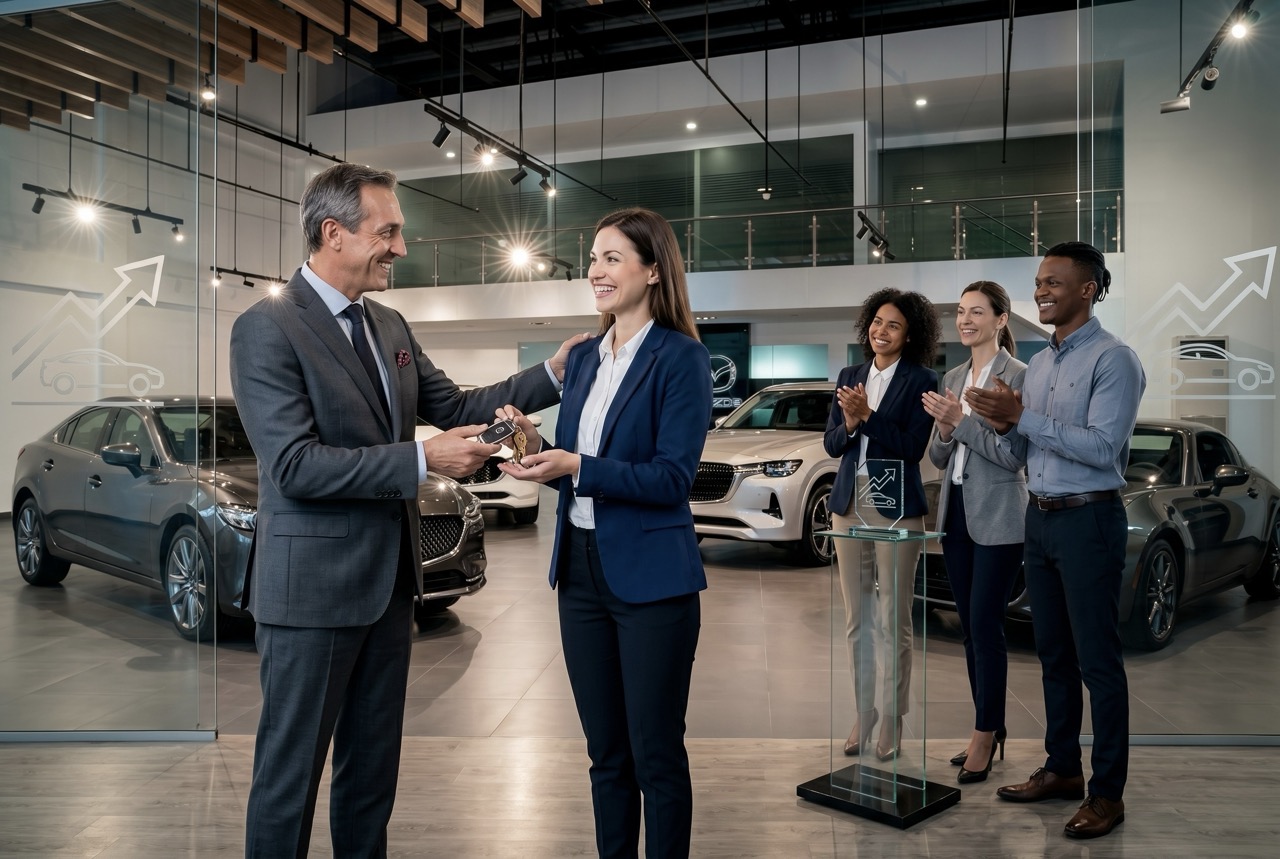 aspiring dealership manager learning business metrics and team leadership skills on service drive