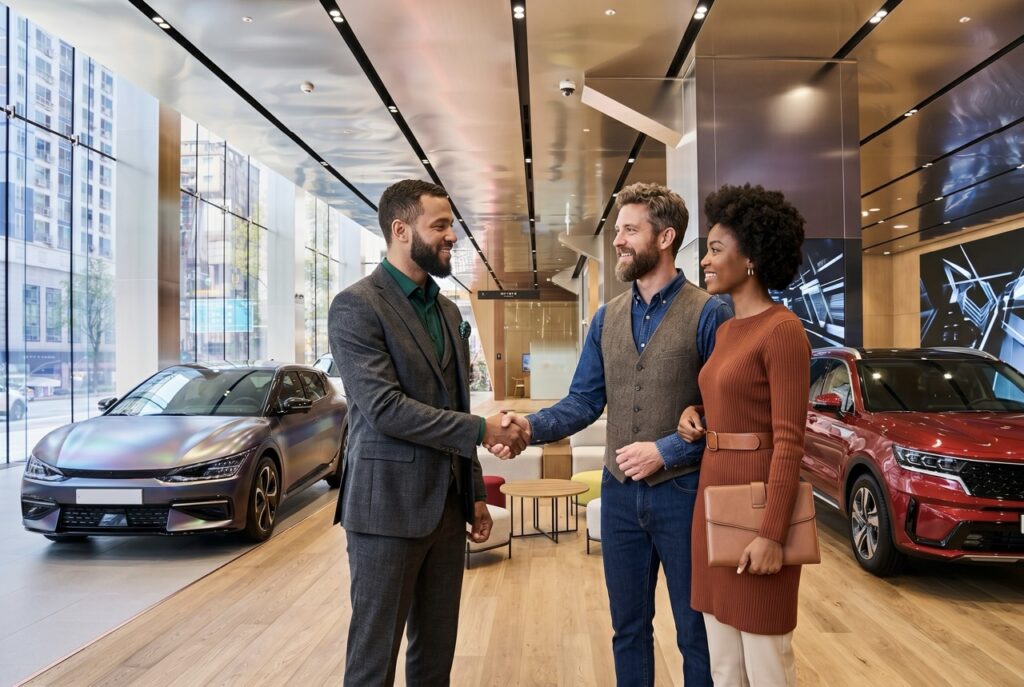 service advisor asking customer questions during vehicle check-in on dealership service drive