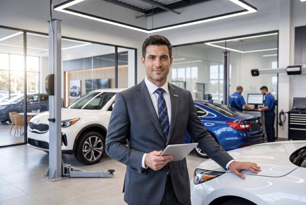 automotive service manager overseeing technicians and daily operations on dealership service drive