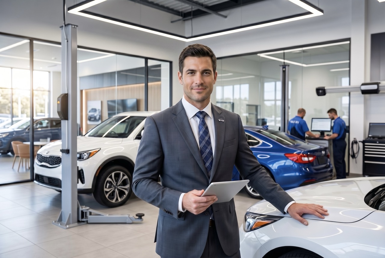 automotive service manager overseeing technicians and daily operations on dealership service drive