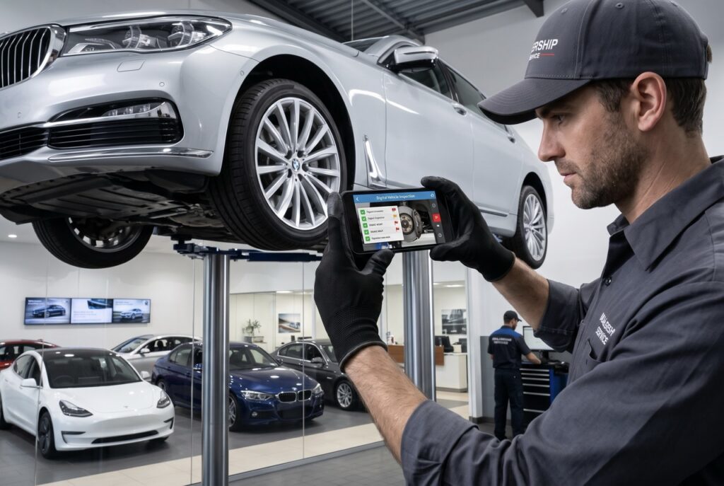technician using tablet for digital vehicle inspections to build transparency and customer trust