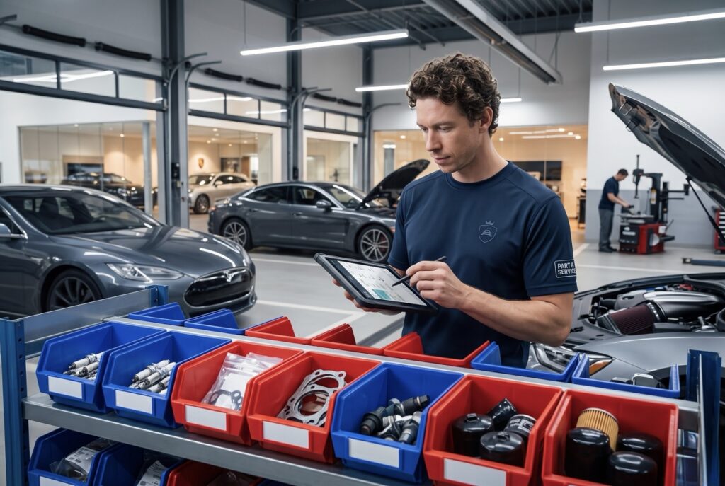 automotive parts inventory management system tracking stock levels in dealership warehouse