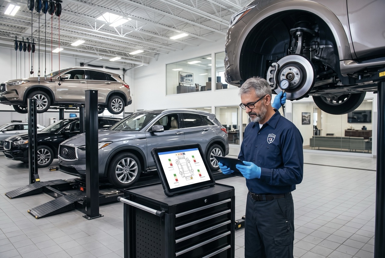 multipoint inspection process showing technician checking vehicle components with color-coded checklist