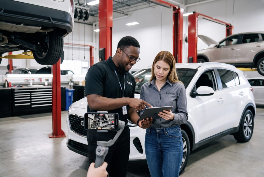 Service advisor explaining video inspections to a dealership customer
