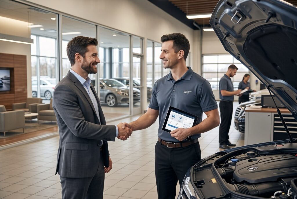 service advisor discussing costly car repairs with customer using transparent itemized estimates