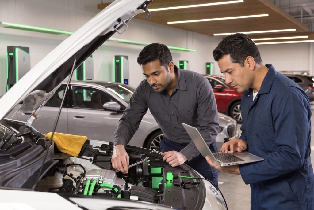 dealership EV readiness shown through technician training and high voltage safety equipment