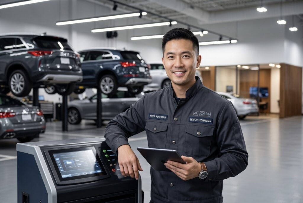 shop foreman guiding technician through complex diagnostic repair at dealership service bay
