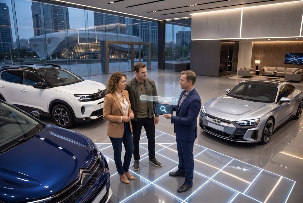 customer using AI search tools to compare dealership service pricing and reviews before booking