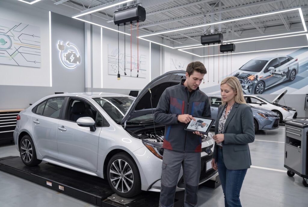 dealership technician performing battery diagnostics as part of hybrid service readiness training