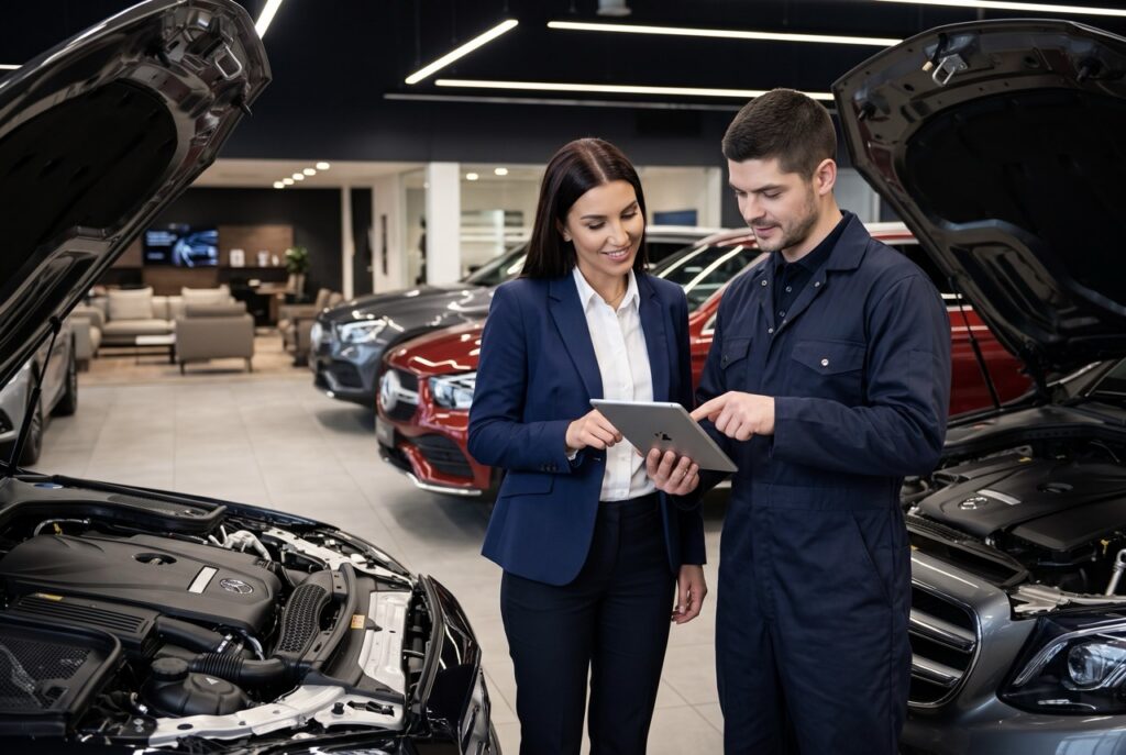 service advisor coordinating with technicians to explain repair estimates and manage approvals