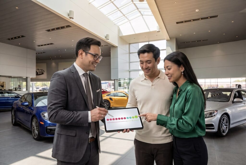 service manager reviewing dealership NPS scores to improve customer loyalty and retention