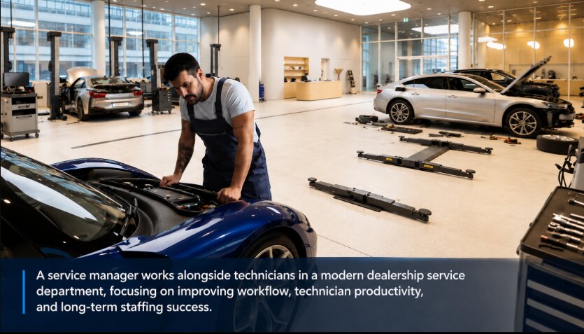 dealership technician working efficiently after service manager optimizes dispatch and workflow systems