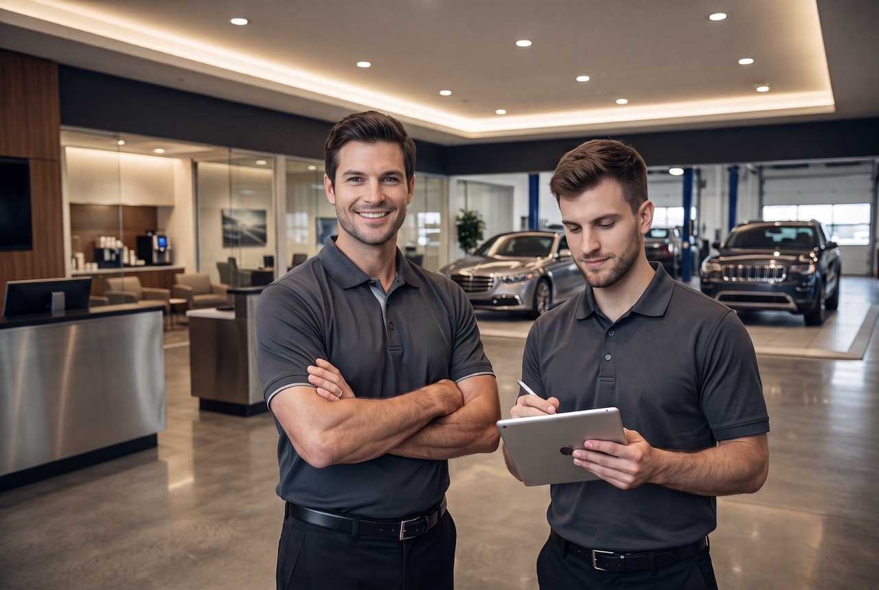 Automotive service advisor helping customer at dealership
