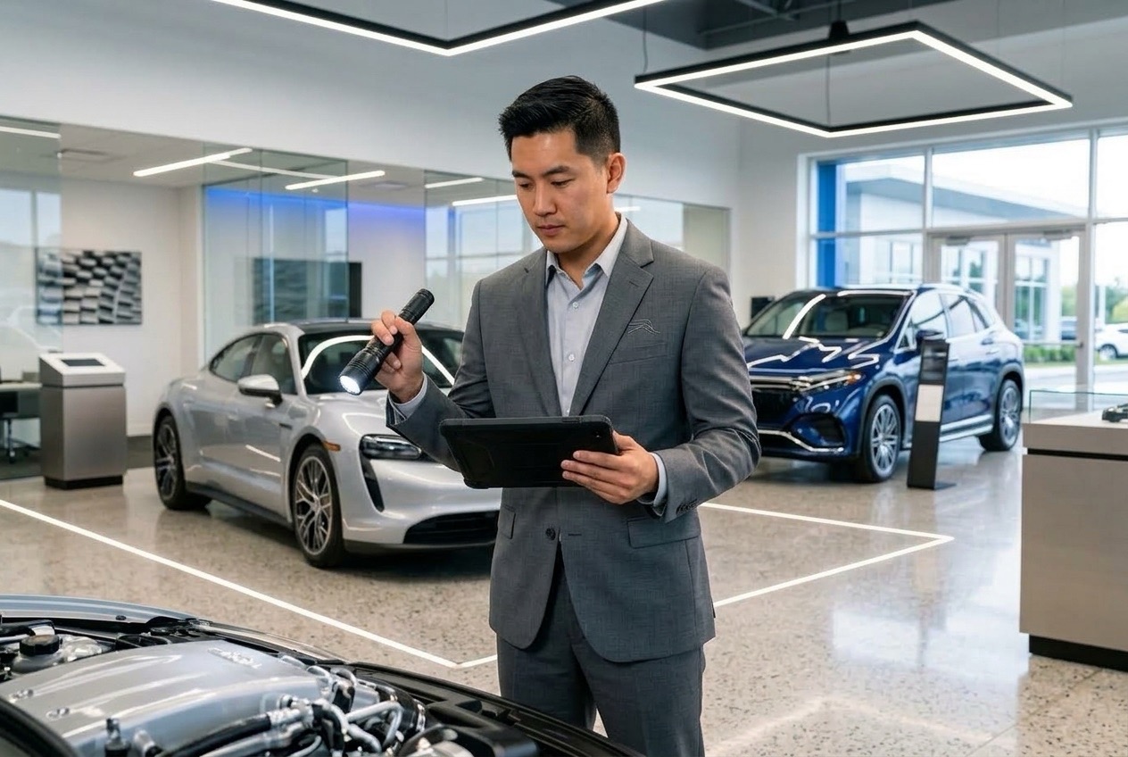 Dealership service advisor performing a multi-point vehicle inspection using a tablet and flashlight
