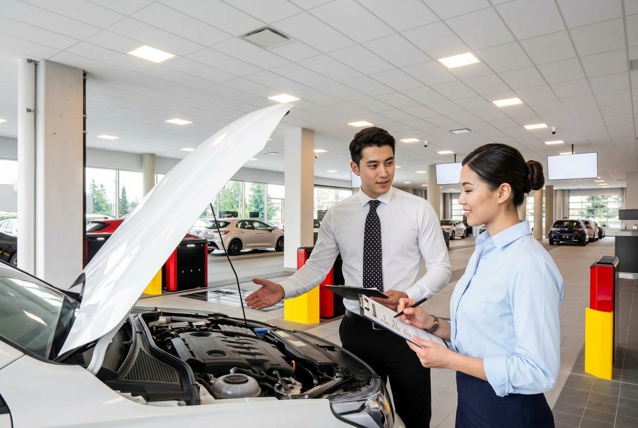 Service advisor reviewing a vehicle inspection with a customer at a dealership service department