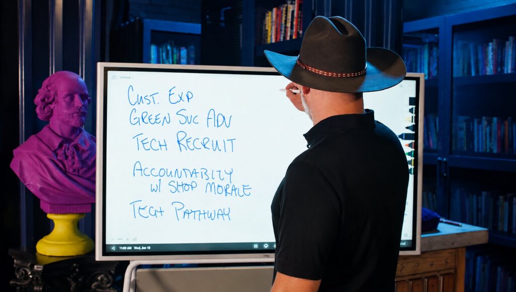 Dealership trainer writing customer experience, accountability, and technician recruitment strategies on a digital whiteboard