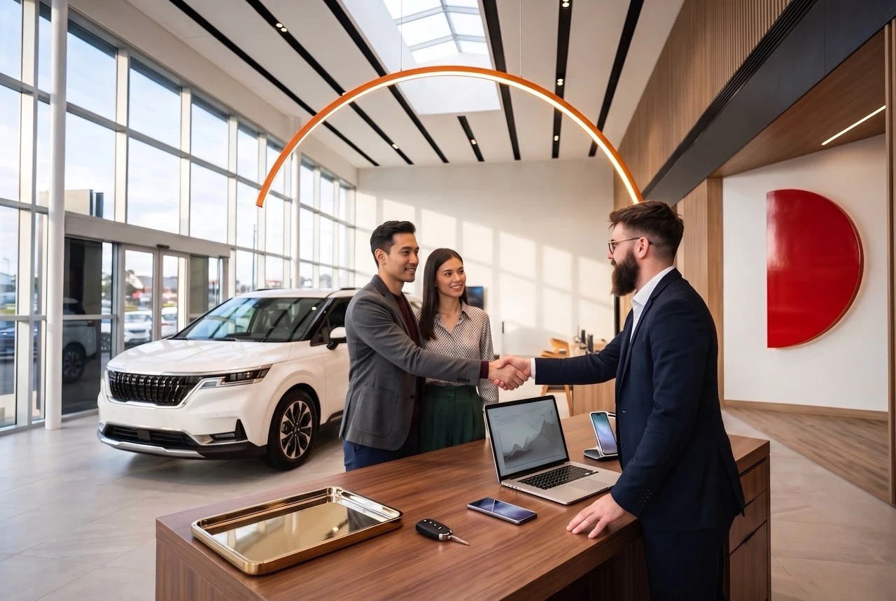 Couple discussing dealership financing with a sales representative beside a white vehicle in a modern car showroom.