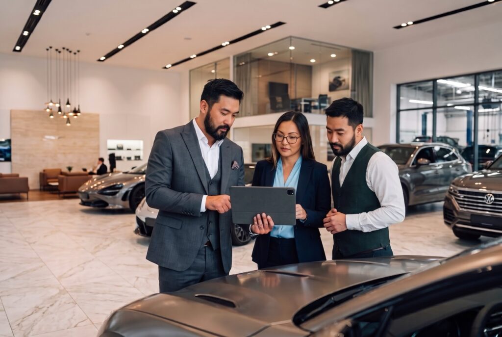 Automotive dealership team reviewing customer questions and vehicle information on a tablet inside a car showroom.