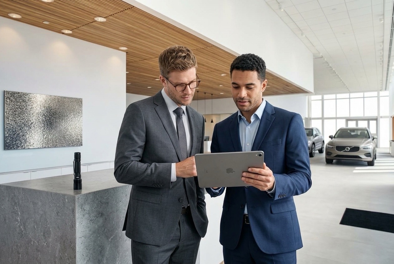 Fixed operations managers reviewing dealership performance information on a tablet