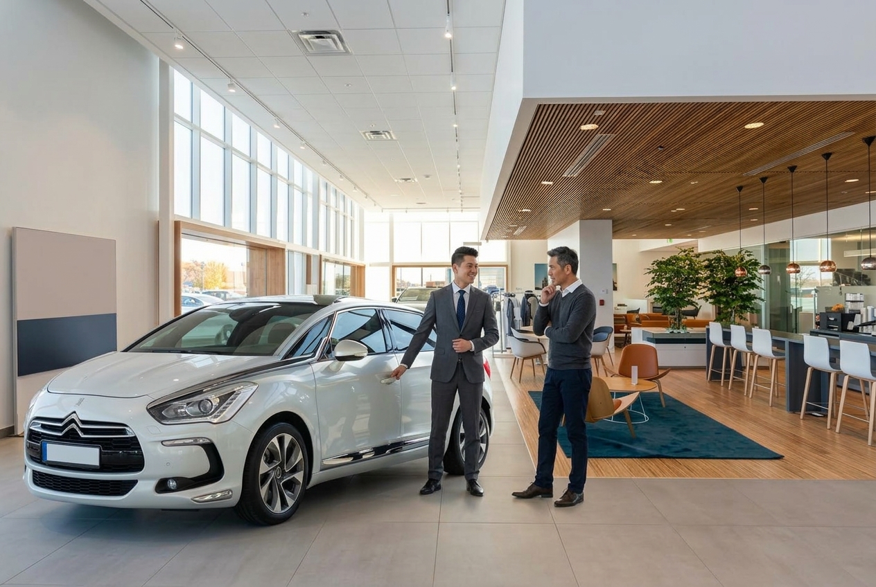 Car salesperson speaking with a customer beside a vehicle in a dealership showroom