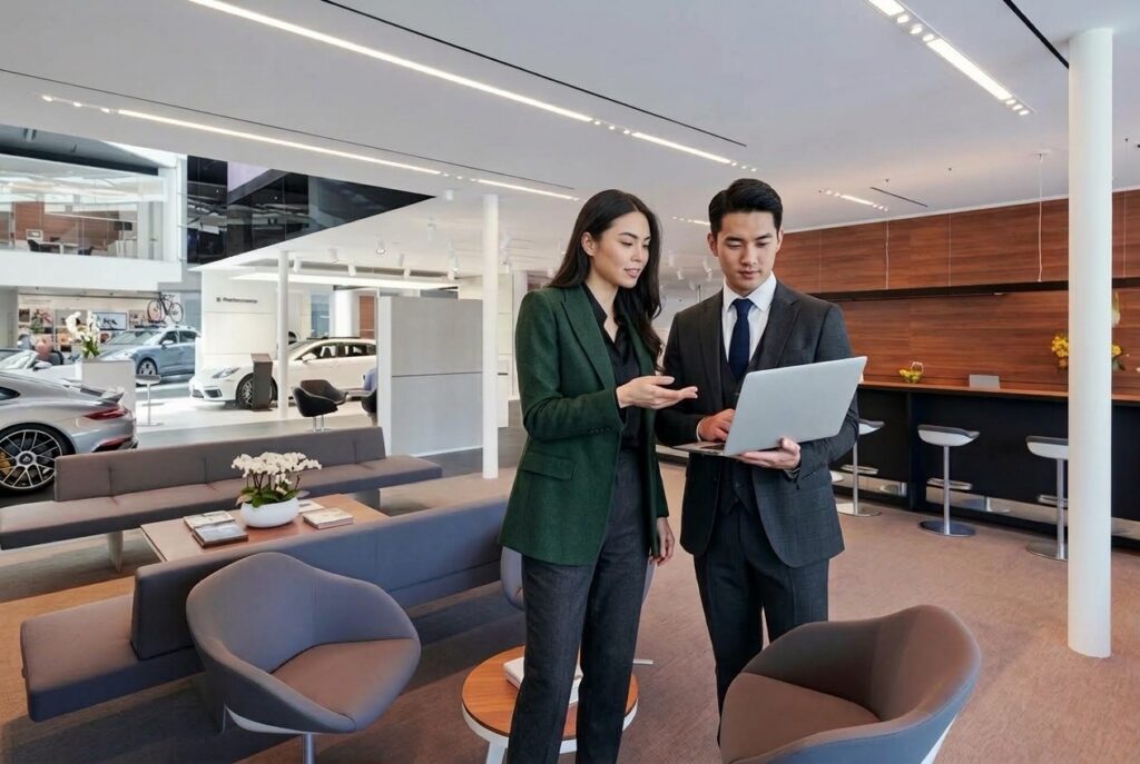 Automotive service advisors reviewing customer information on a laptop at a car dealership