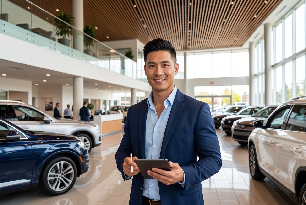 Automotive service manager holding a tablet in a modern car dealership showroom, surrounded by vehicles.