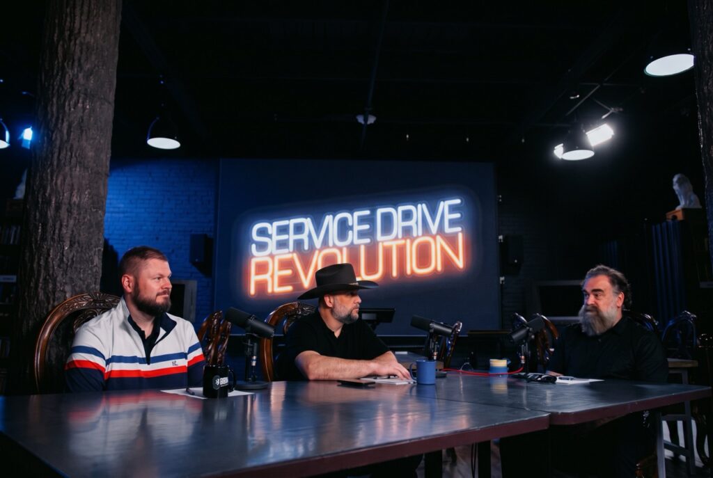 Three automotive industry professionals discussing service department performance and one-on-one coaching during a Service Drive Revolution podcast session.