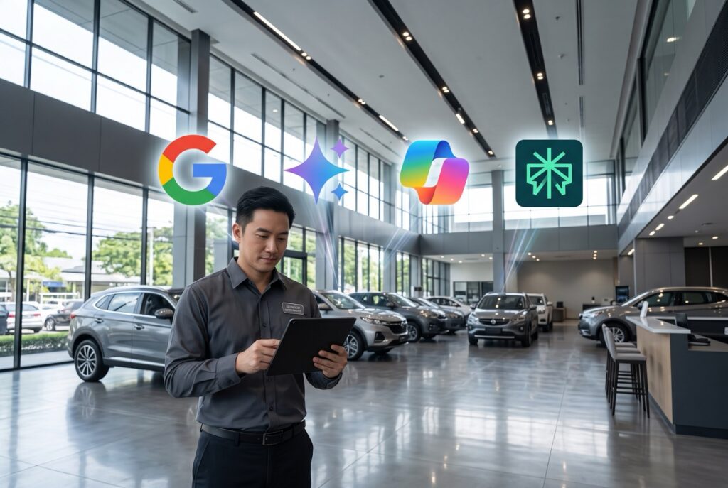 Dealership professional using a tablet in a modern car showroom with Google, Gemini, Microsoft Copilot, and Perplexity AI logos representing automotive dealership AI search optimization.