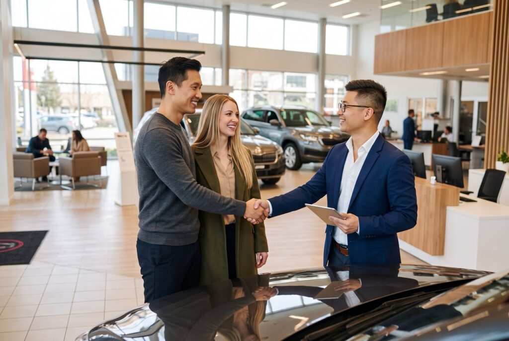 Car dealership representative shaking hands with a customer while another customer smiles beside them in a modern automotive showroom.