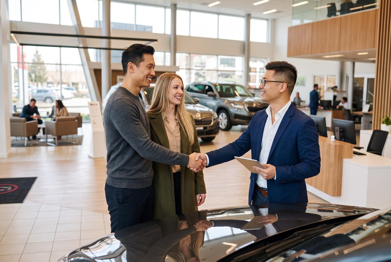 Car dealership representative shaking hands with a customer while another customer smiles beside them in a modern automotive showroom.